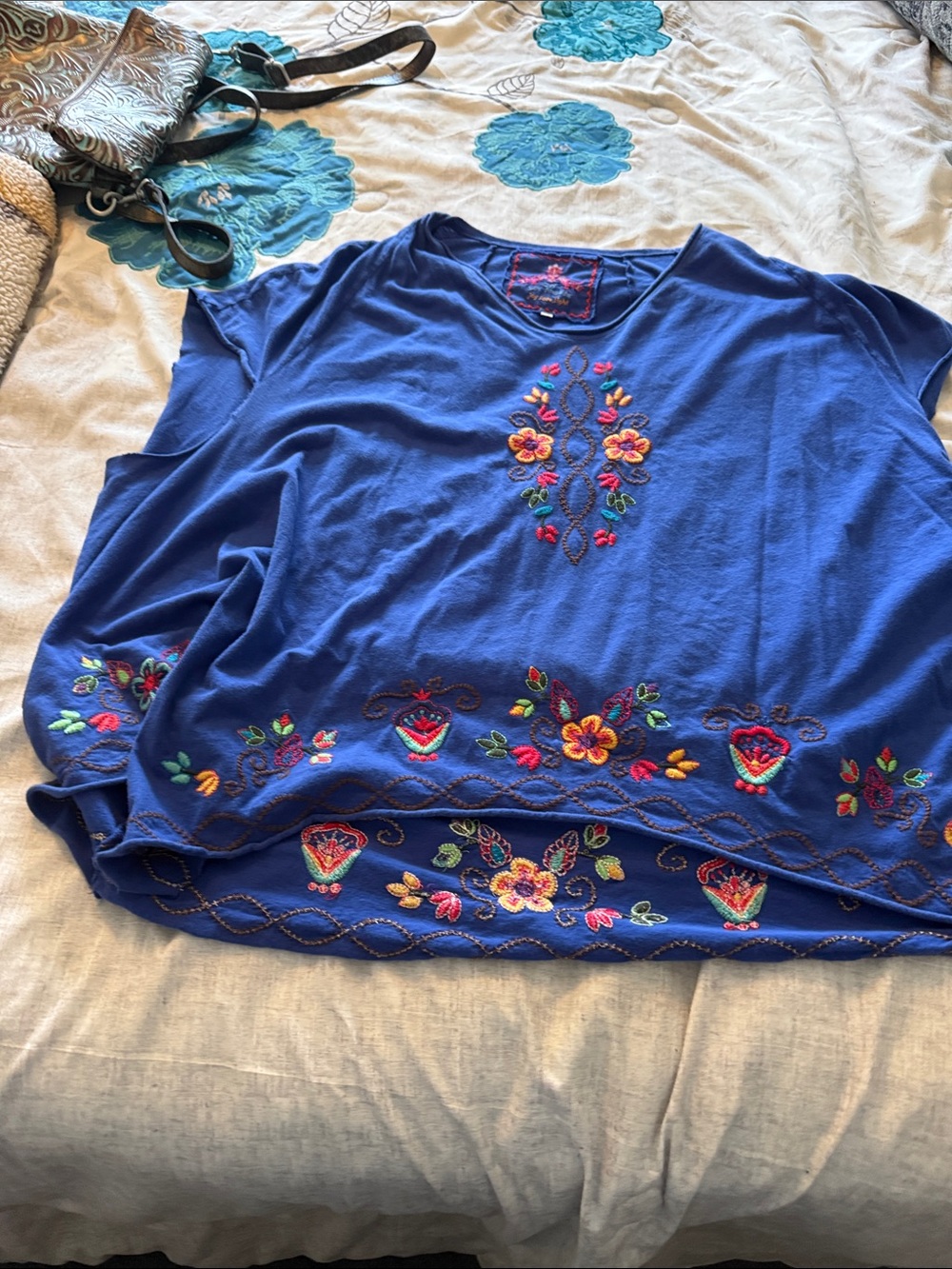Johnny Was Royal Blue Short-Sleeve Embroidered Floral Tee